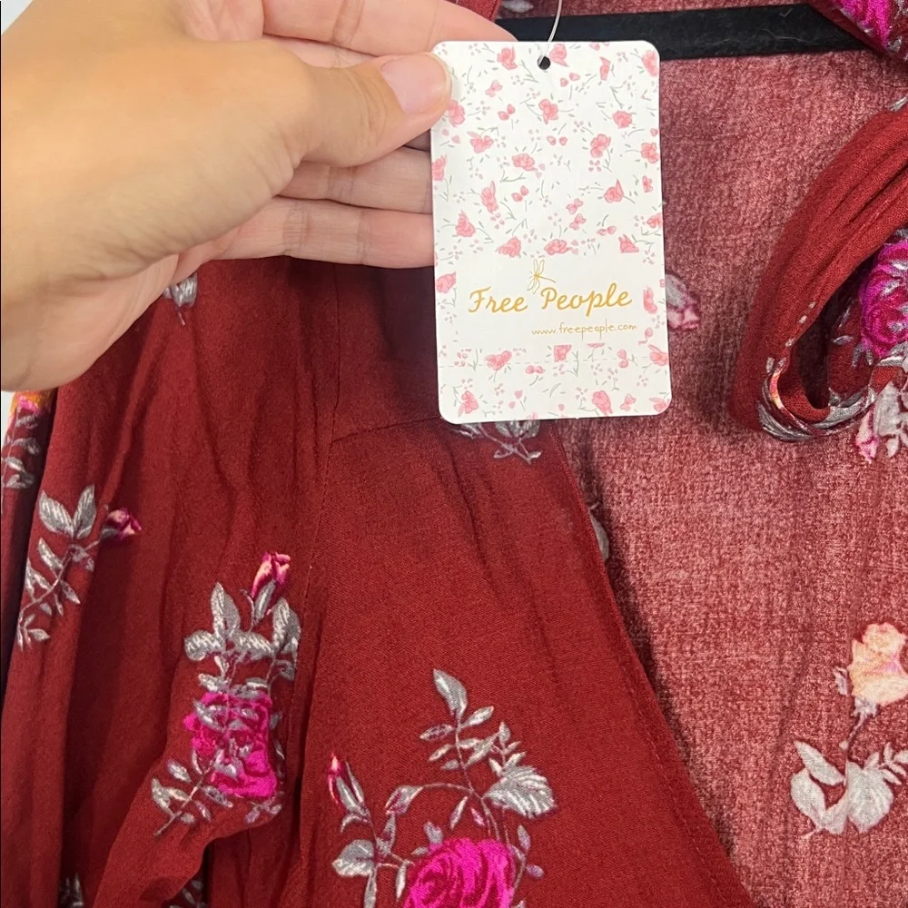 NWT Free People Women's Maroon Red Floral Vintage Combo Long Sleeve Dress Medium